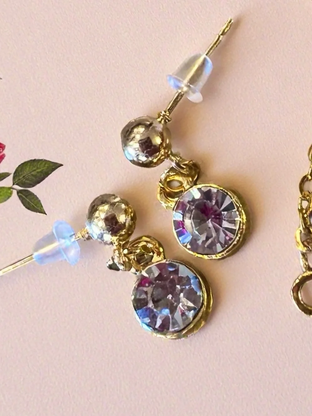 Gold-Tone Fuchsia Crystal Flower Pendant Necklace and Earring Set